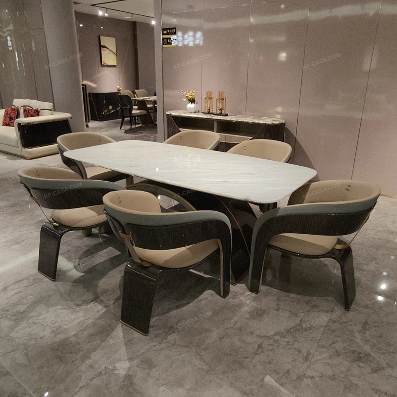 Rounded Rectangular Marble Dining Table with Woven Leather Arched Base and Metal Trim
